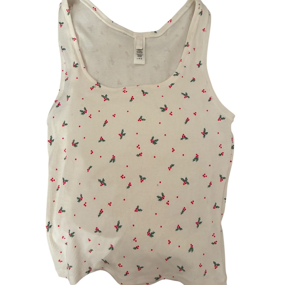Skims Holiday Tank Top Womens L‎ Cream Holly Berry Ribbed Christmas Lightweight